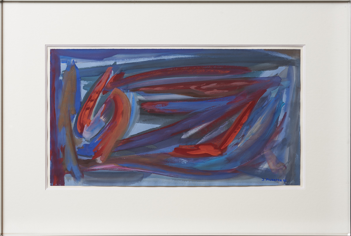 Abstraction très gestuelle de James Pichette, datée 1961, palette chaude et froide associée dans une composition énergique sur papier bleu.