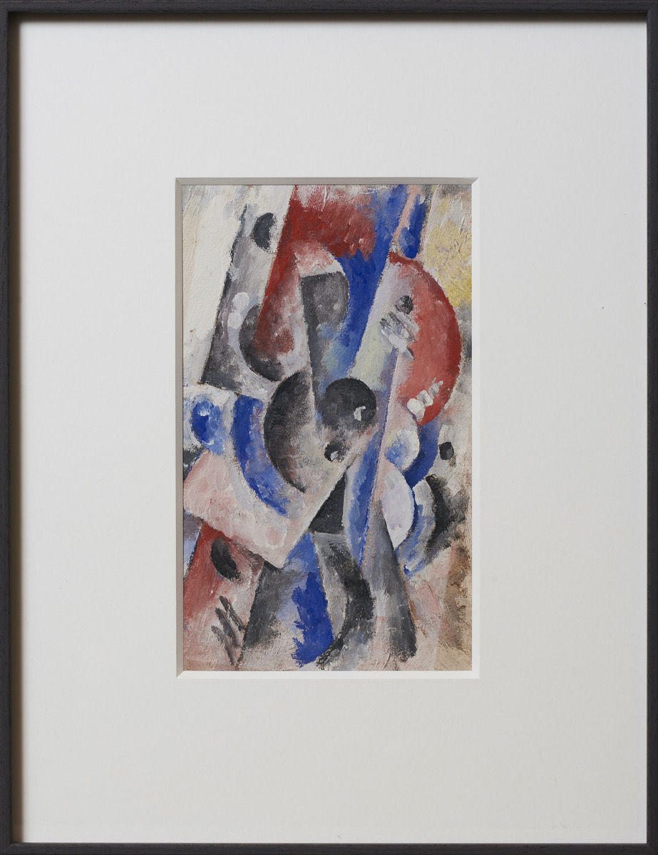 Composition abstraite structurée, technique mixte composée de formes géométriques fragmentées en gris, bleu, rouge et noir.