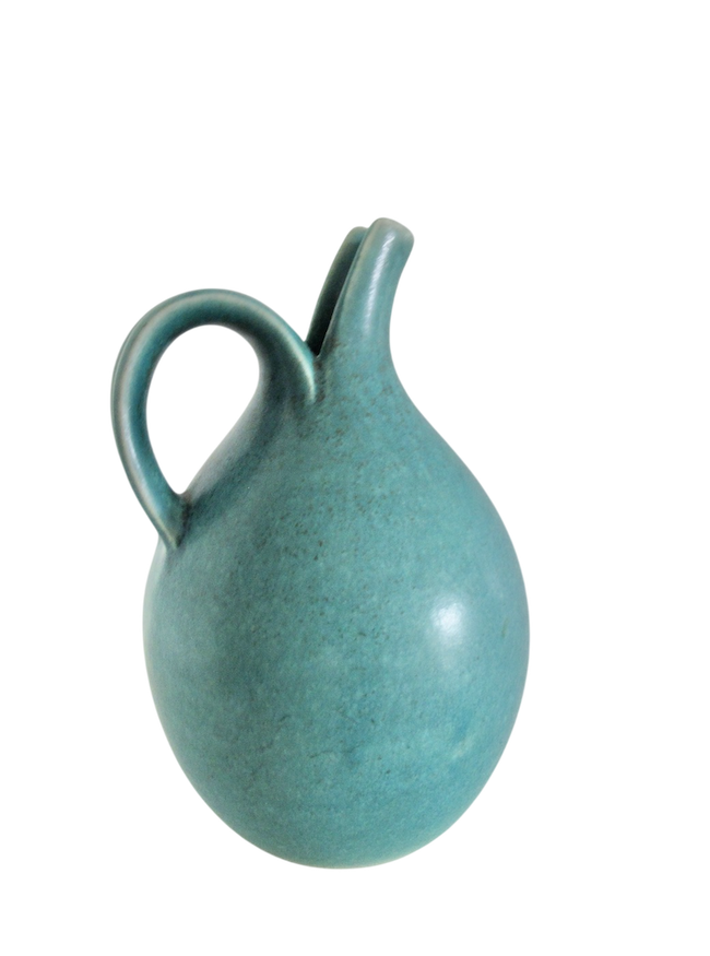 céramique danoise, pichet à corps ovoide, anse latérale évidée, émail bleu-vert