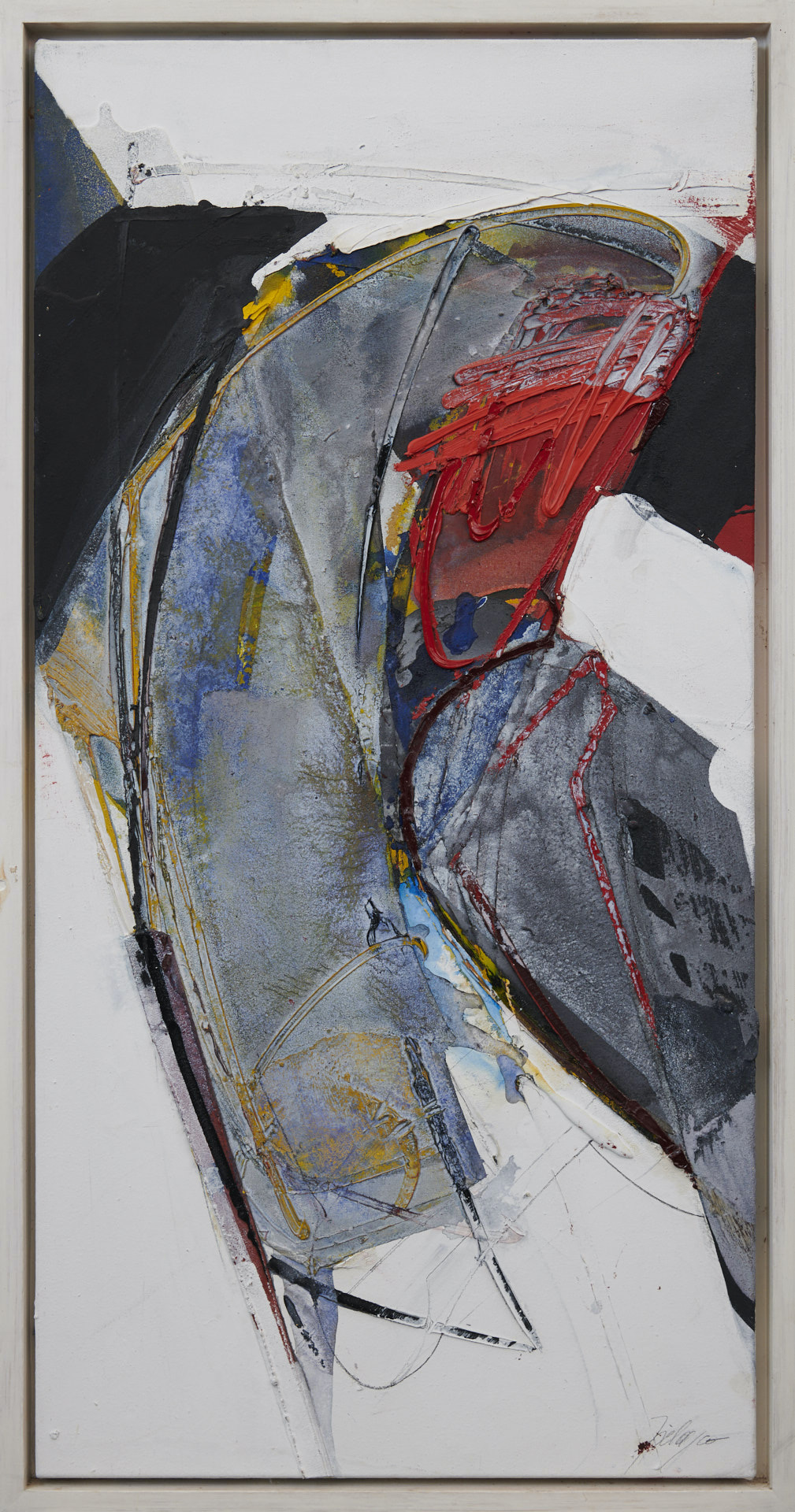 acrylique sur toile, format vertical, Peinture abstraite mêlant gris, noir et blanc, dynamisée par un empâtement rouge vif texturé.