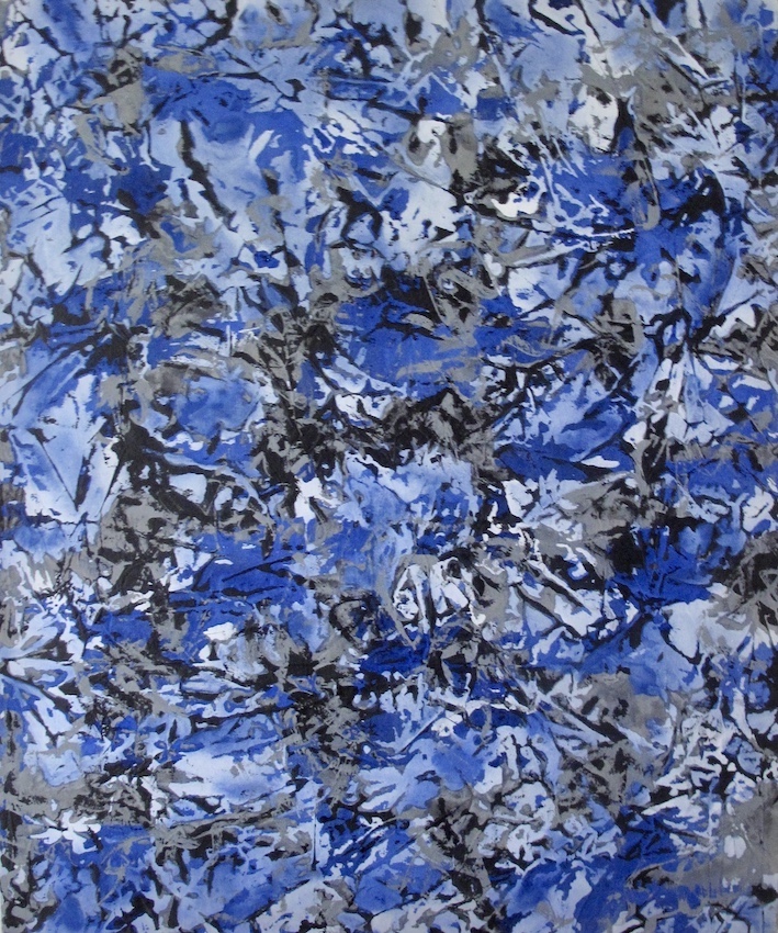acrylique sur toile froissée, dominantes bleu, gris, noir
